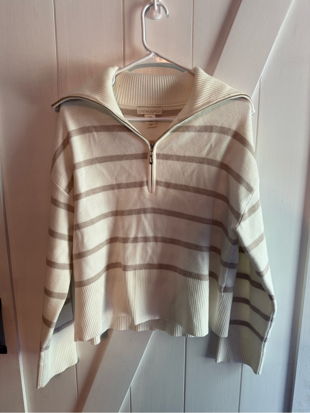 Cynthia Rowley Cream and Taupe Striped Half-Zip Turtleneck Sweater